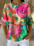 Women's Flower Art Print Casual Waffle Cotton Shirt