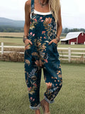 Women's Vintage Flower Art Print Casual Cotton Linen Wide Leg Jumpsuit