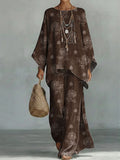 Women's Floral Print Linen Cotton Top And Wide-leg Pants Two-piece Set