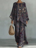 Women's Floral Print Linen Cotton Top And Wide-leg Pants Two-piece Set
