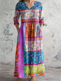 Women's Kantha Style Floral Pattern V Neck Cotton Linen Dress with Pockets