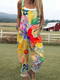 Women's Vintage Flower Art Print Casual Cotton Linen Wide Leg Jumpsuit
