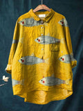 Women's Vintage Fish Art Print Casual Cotton And Linen Shirt