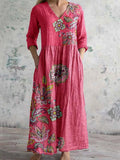 Women's Elegant Floral Pattern V-Neck Cotton Linen Dress with Pockets