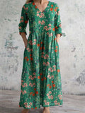 Women's Elegant Floral Pattern V-Neck Cotton Linen Dress