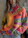 Vintage Panelled Sunburst Pattern Print Knit Turtleneck Pullover Sweater