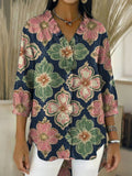 Women’s Retro Gradient Floral V-Neck Ruffled Denim Shirt RYDS1206