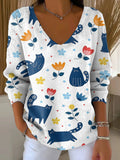 Cute Cat And Flower Decorative Patterns Women's Casual V Collar Long Sleeve Sweater
